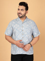 Light Blue Floral Motif Rayon Twill Shirt