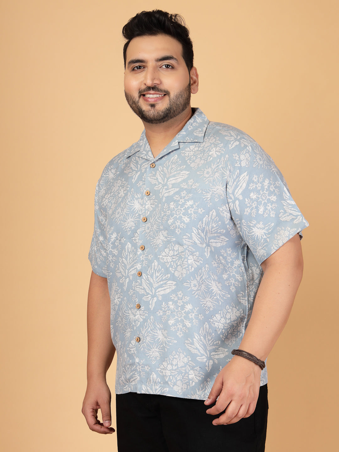 Light Blue Floral Motif Rayon Twill Shirt