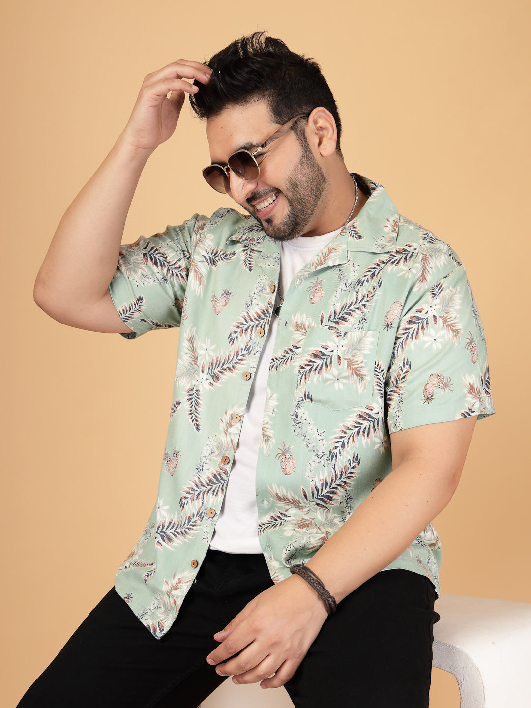 Mint Green Tropical Leaf Print Rayon Twill Shirt