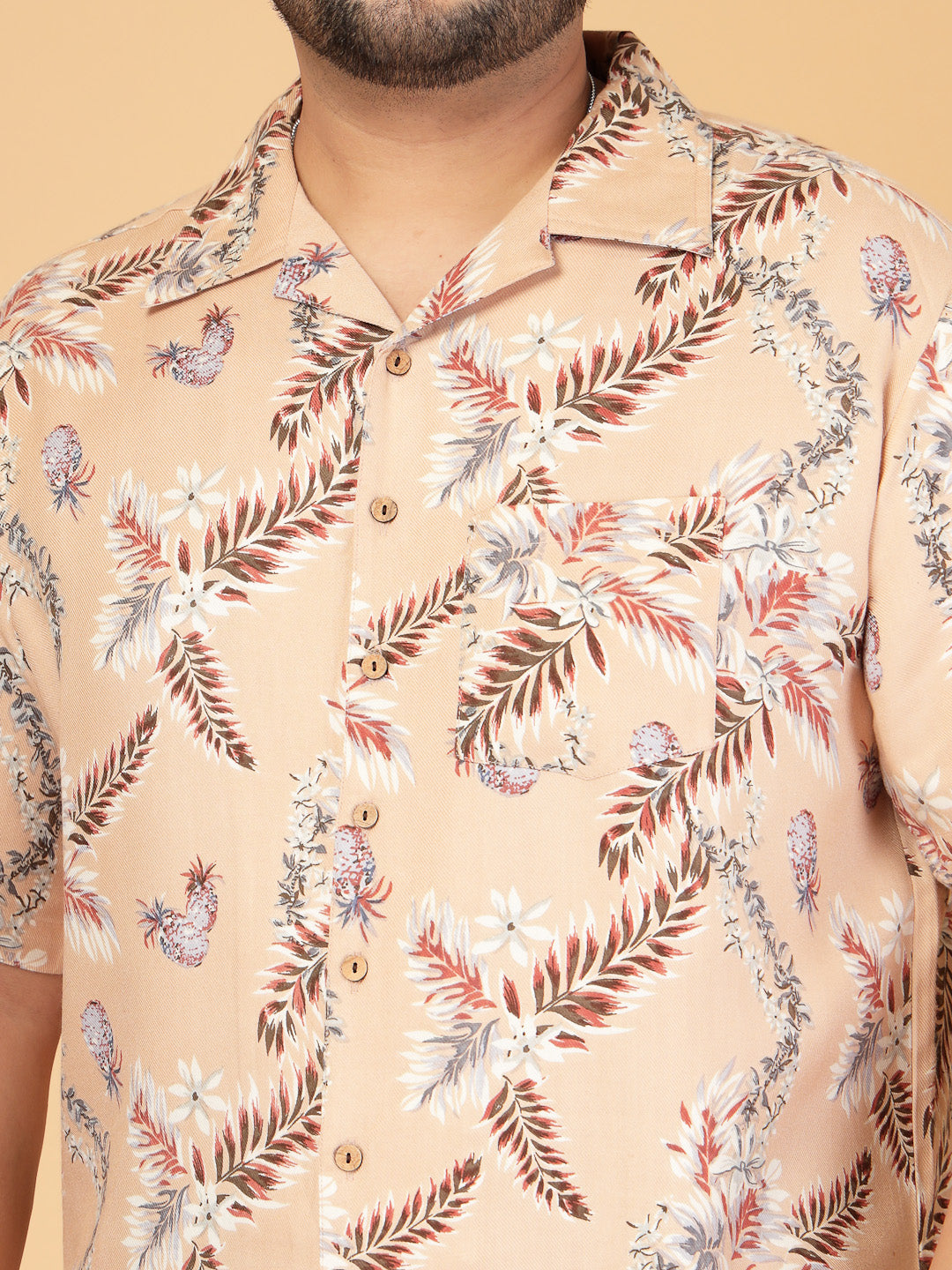 Beige Tropical Printed Rayon Twill Shirt