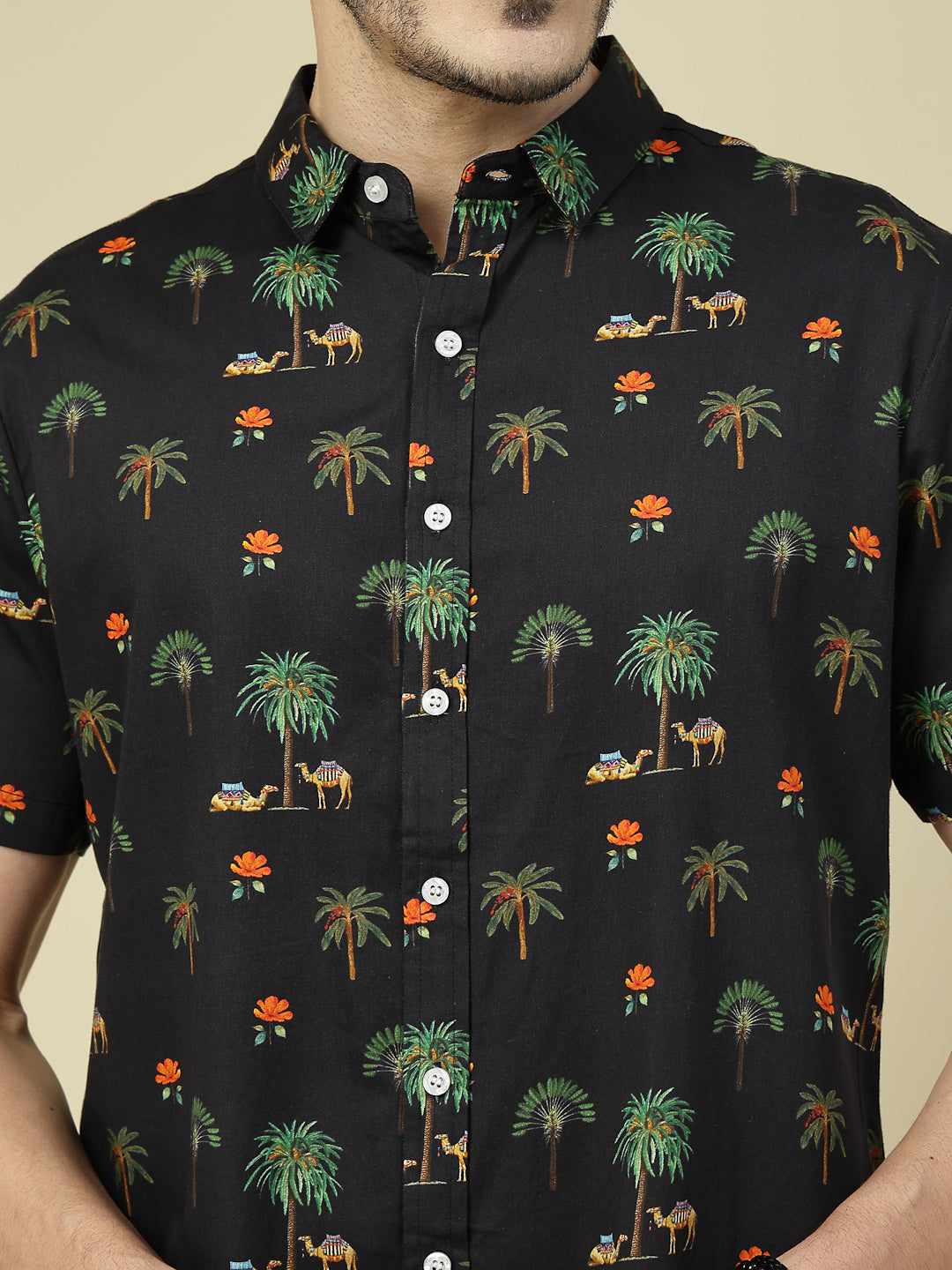 Tropical Palm & Camel Print Black Shirt