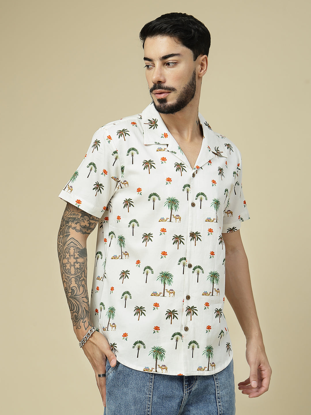 Tropical Palm & Camel White Printed Shirt