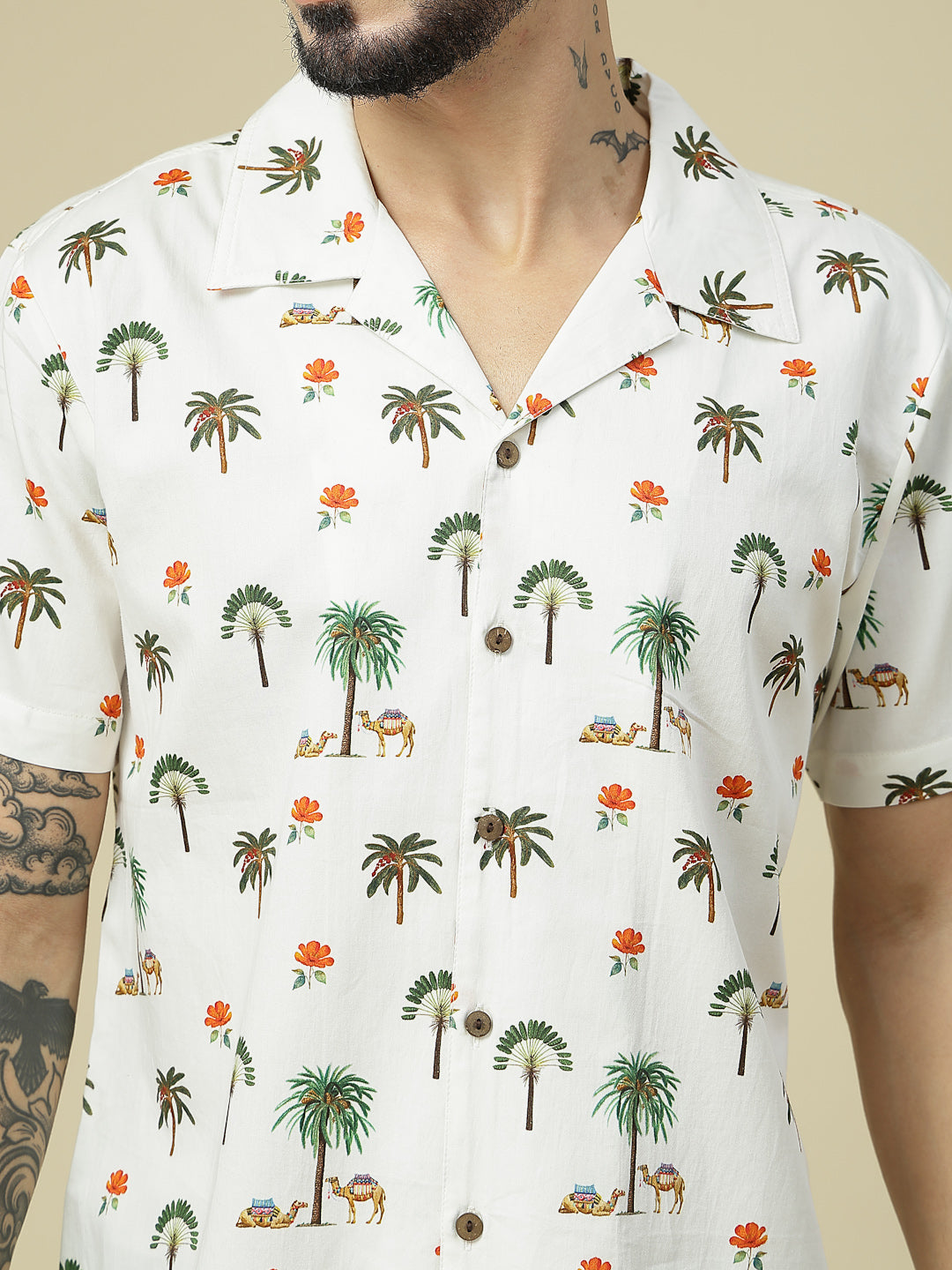Tropical Palm & Camel White Printed Shirt