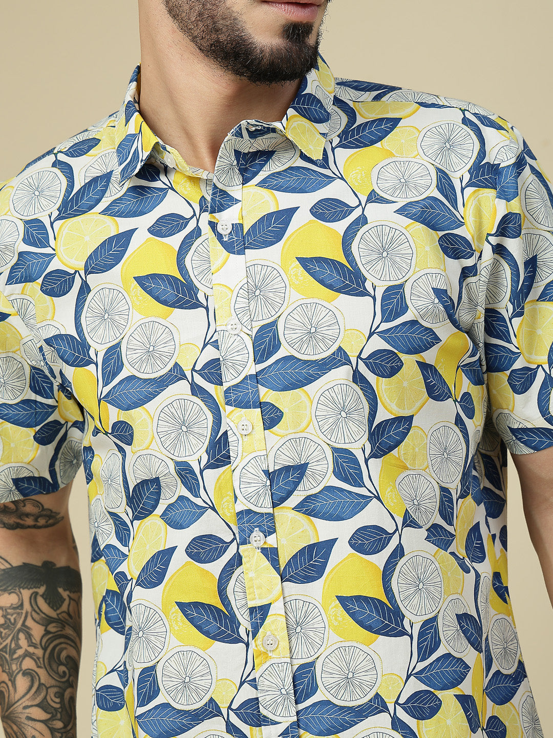 White Lemon & Leaf Print Cotton Shirt