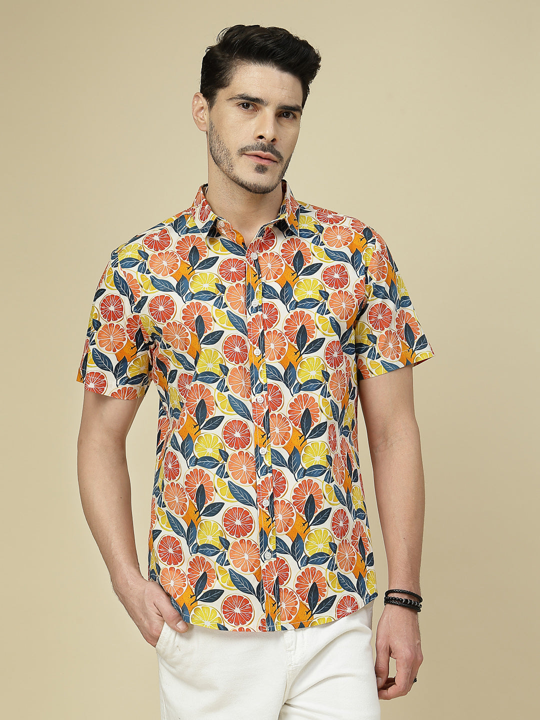 Tropical Citrus Print Short Sleeve Printed Shirt