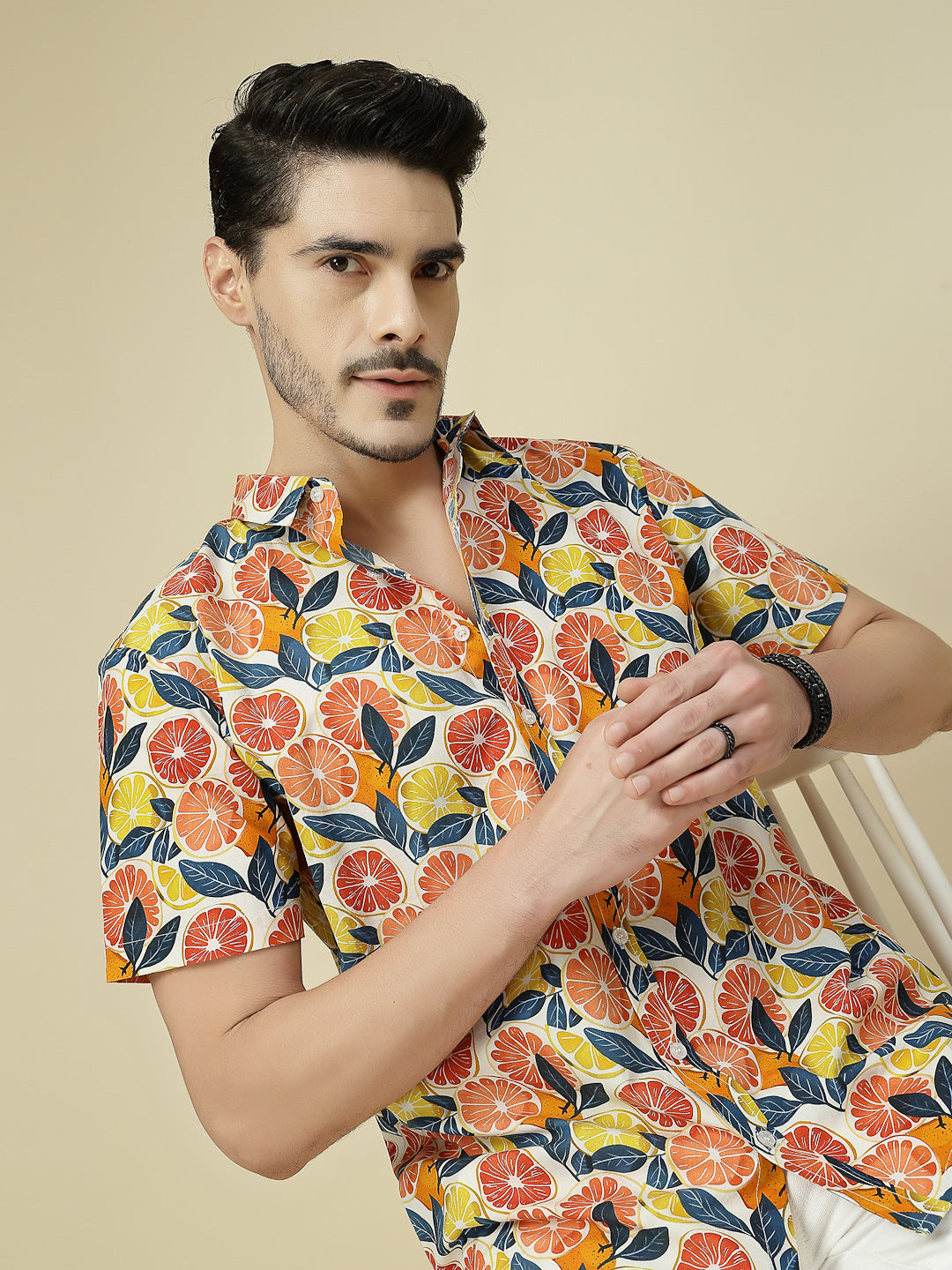 Tropical Citrus Print Short Sleeve Printed Shirt