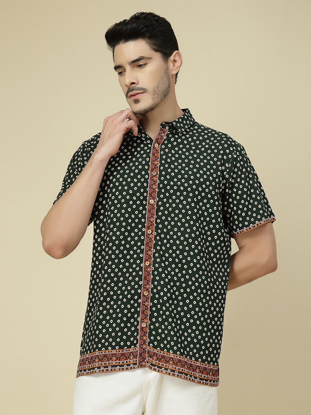 Green Geometric Print Short Sleeve Shirt with Ethnic Border
