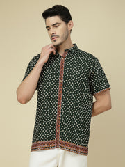 Green Geometric Print Short Sleeve Shirt with Ethnic Border