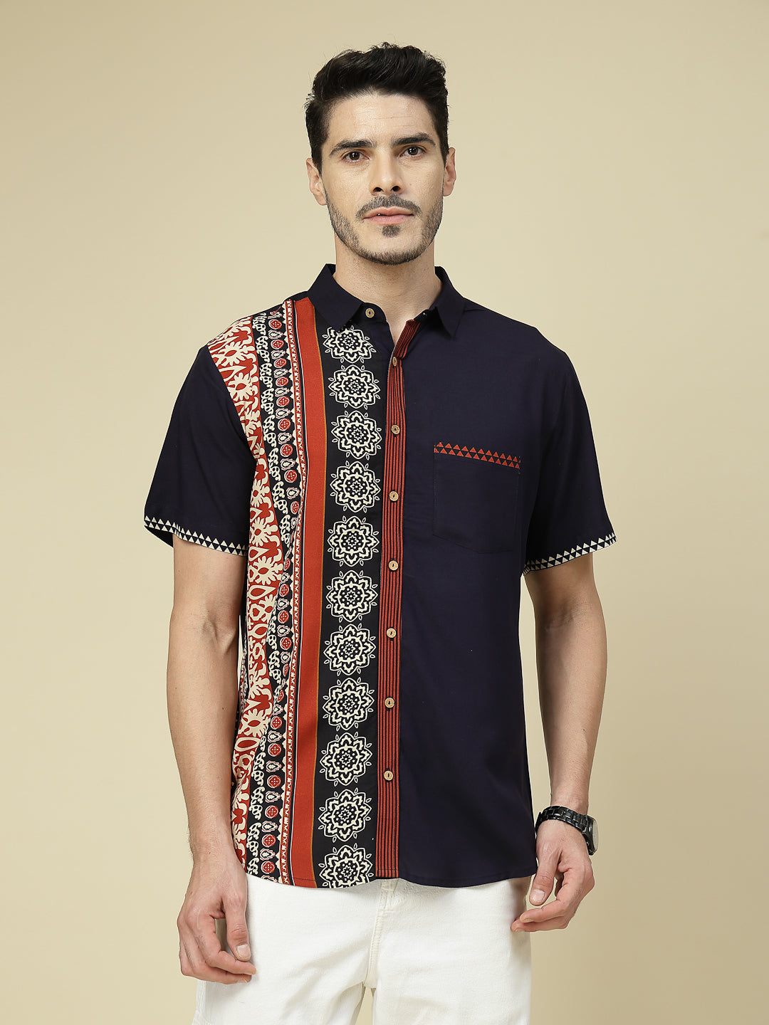 Royal Blue Ethnic Fusion Panel Printed Shirt