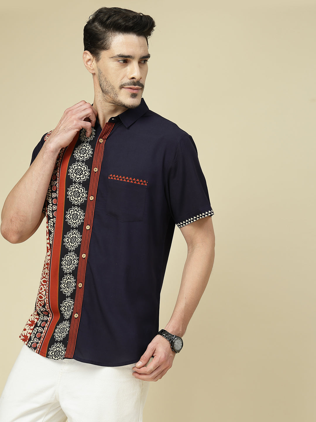 Royal Blue Ethnic Fusion Panel Printed Shirt