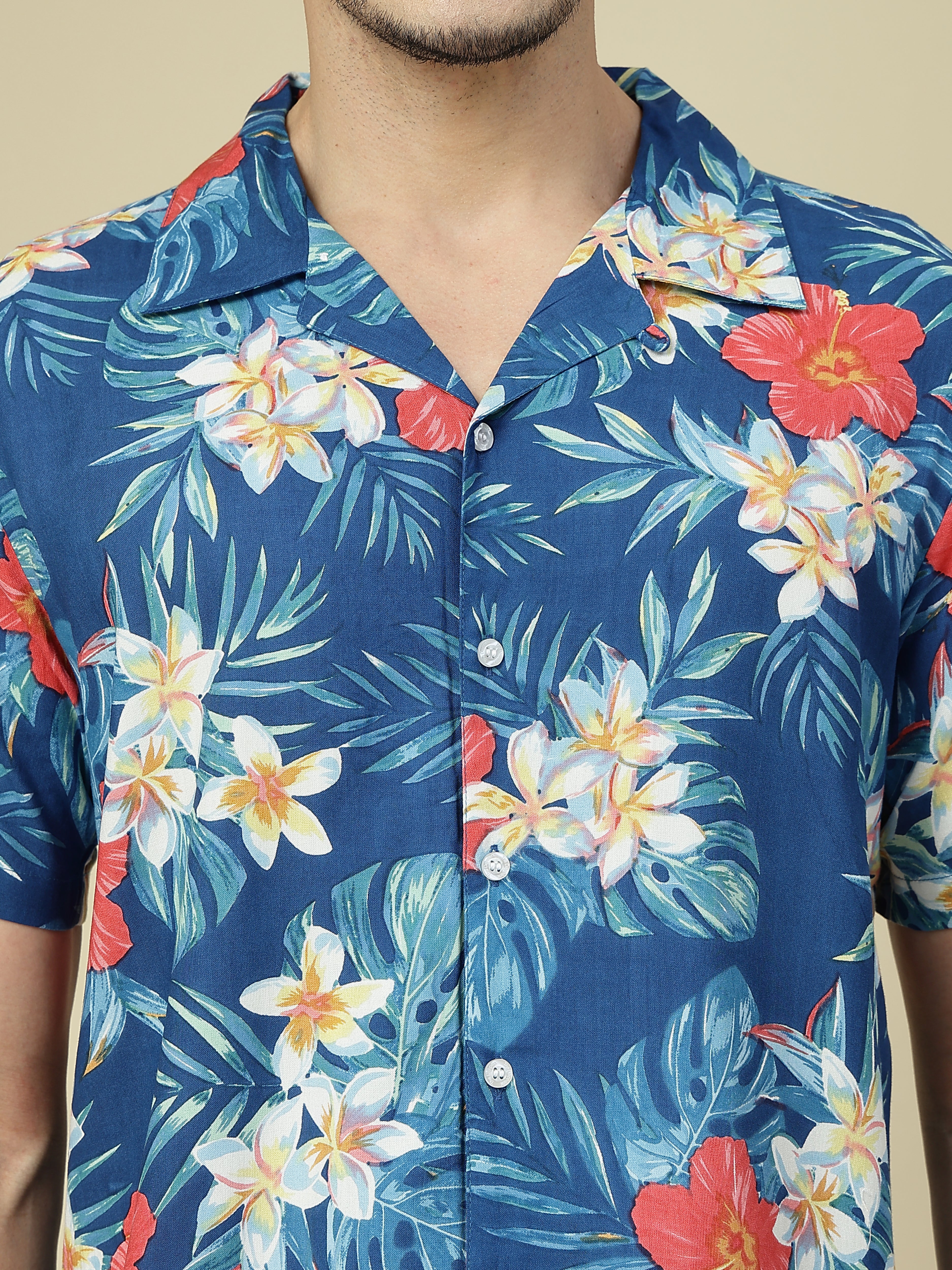 Azure Breeze Tropical Floral Cotton Shirt