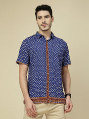 Blue Geometric Print Short Sleeve Shirt with Ethnic Border