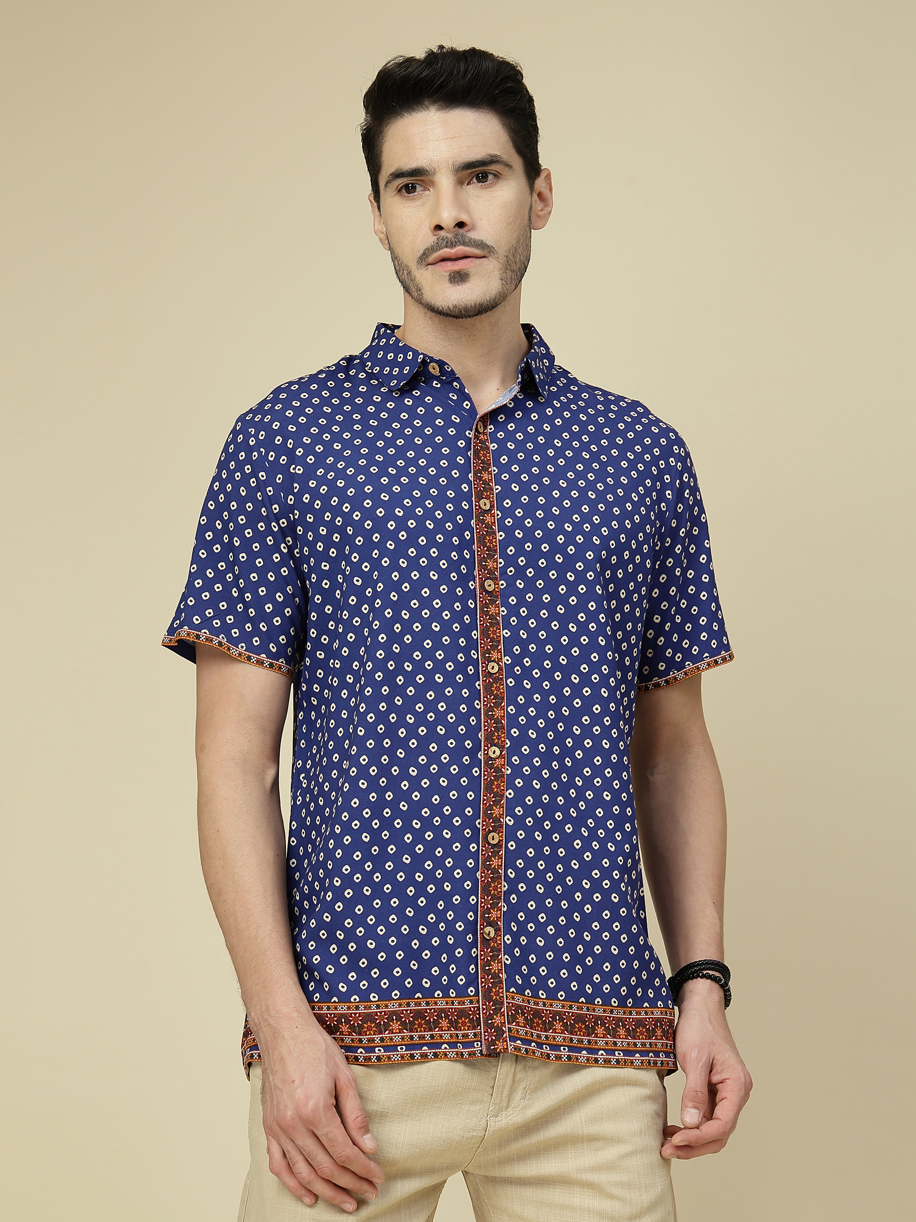 Blue Geometric Print Short Sleeve Shirt with Ethnic Border
