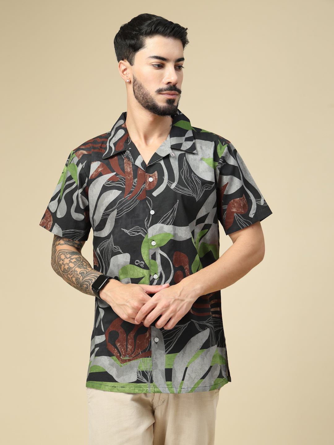Black Botanical Breeze Casual Printed Shirt
