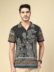 Black Tropical Leaf Print Cotton Shirt with Tribal Border Detailing