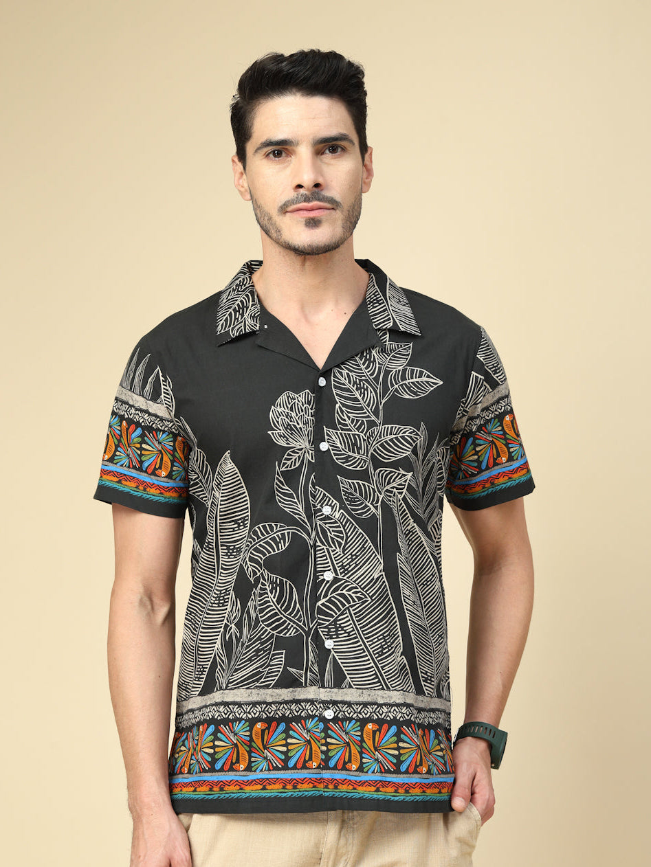 Black Tropical Leaf Print Cotton Shirt with Tribal Border Detailing