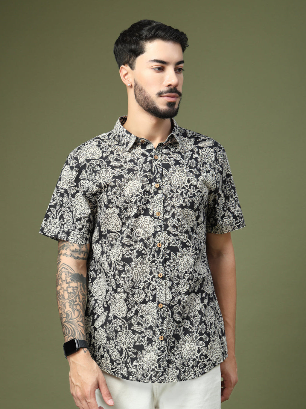 Black & Beige Floral Cotton Printed Shirt