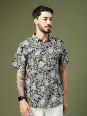Black & Beige Floral Cotton Printed Shirt