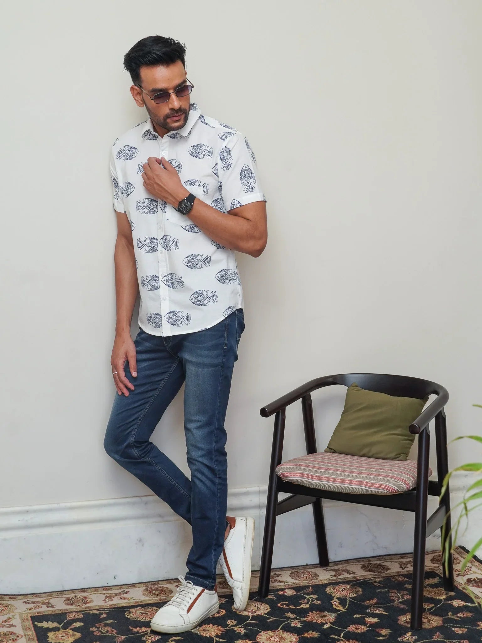 White Cotton Shirt with Blue Fish Print For Men