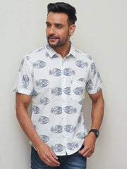 White Cotton Shirt with Blue Fish Print For Men
