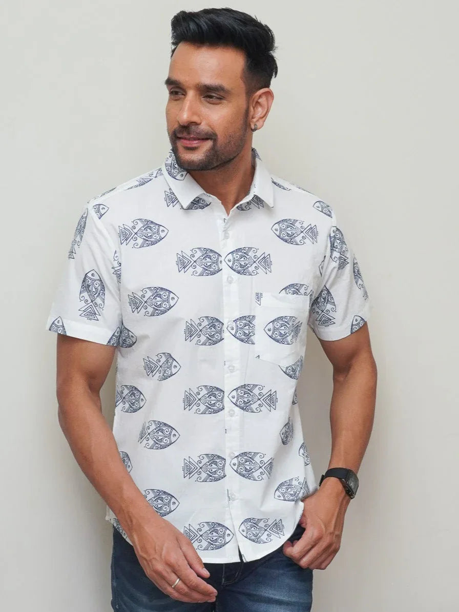 White Cotton Shirt with Blue Fish Print For Men