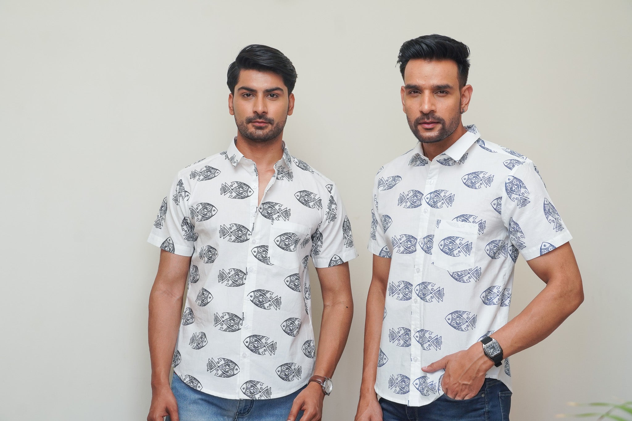 White Fish Printed Half Sleeve Shirt (Pack of 2)