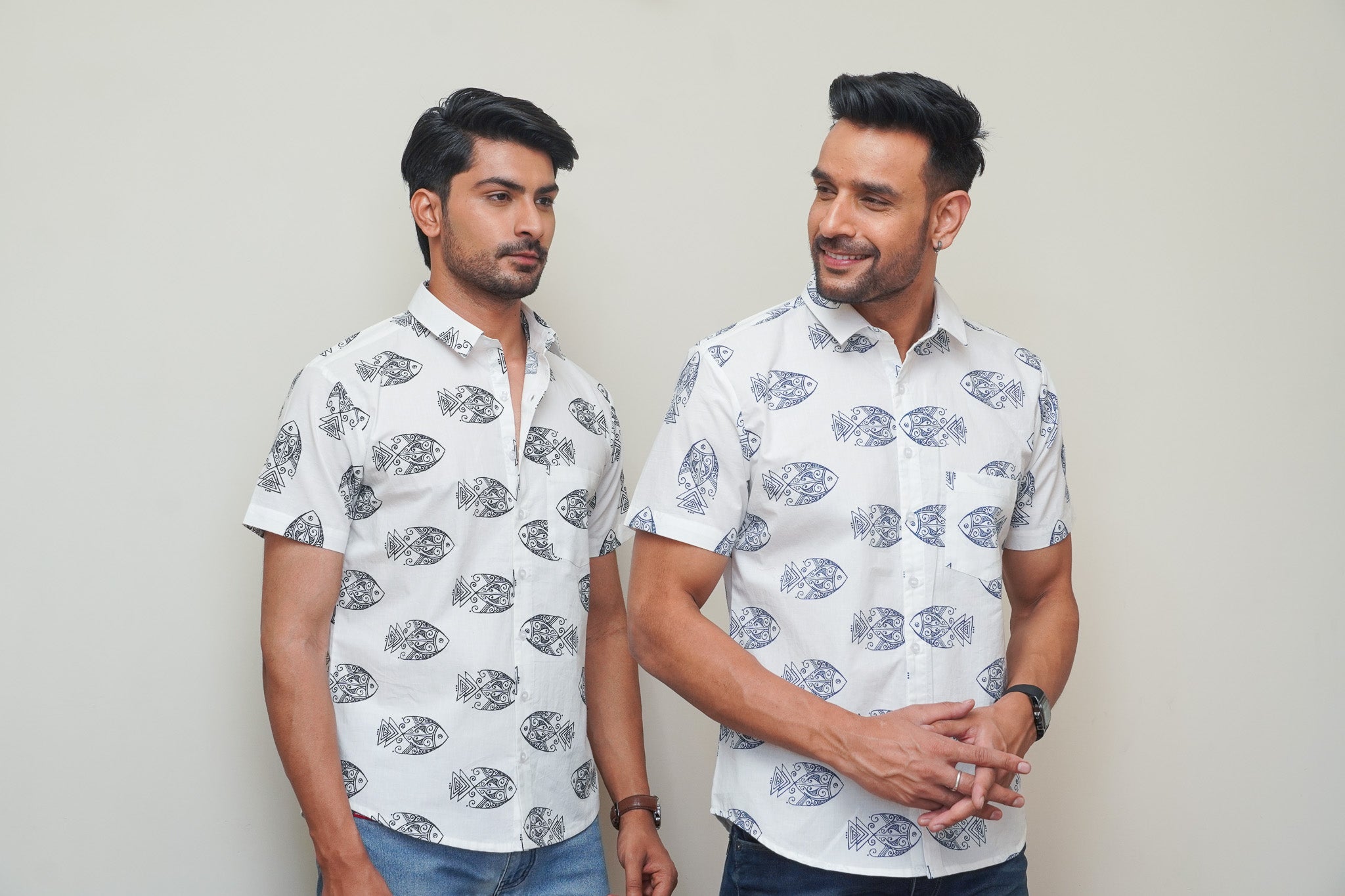 White Fish Printed Half Sleeve Shirt (Pack of 2)