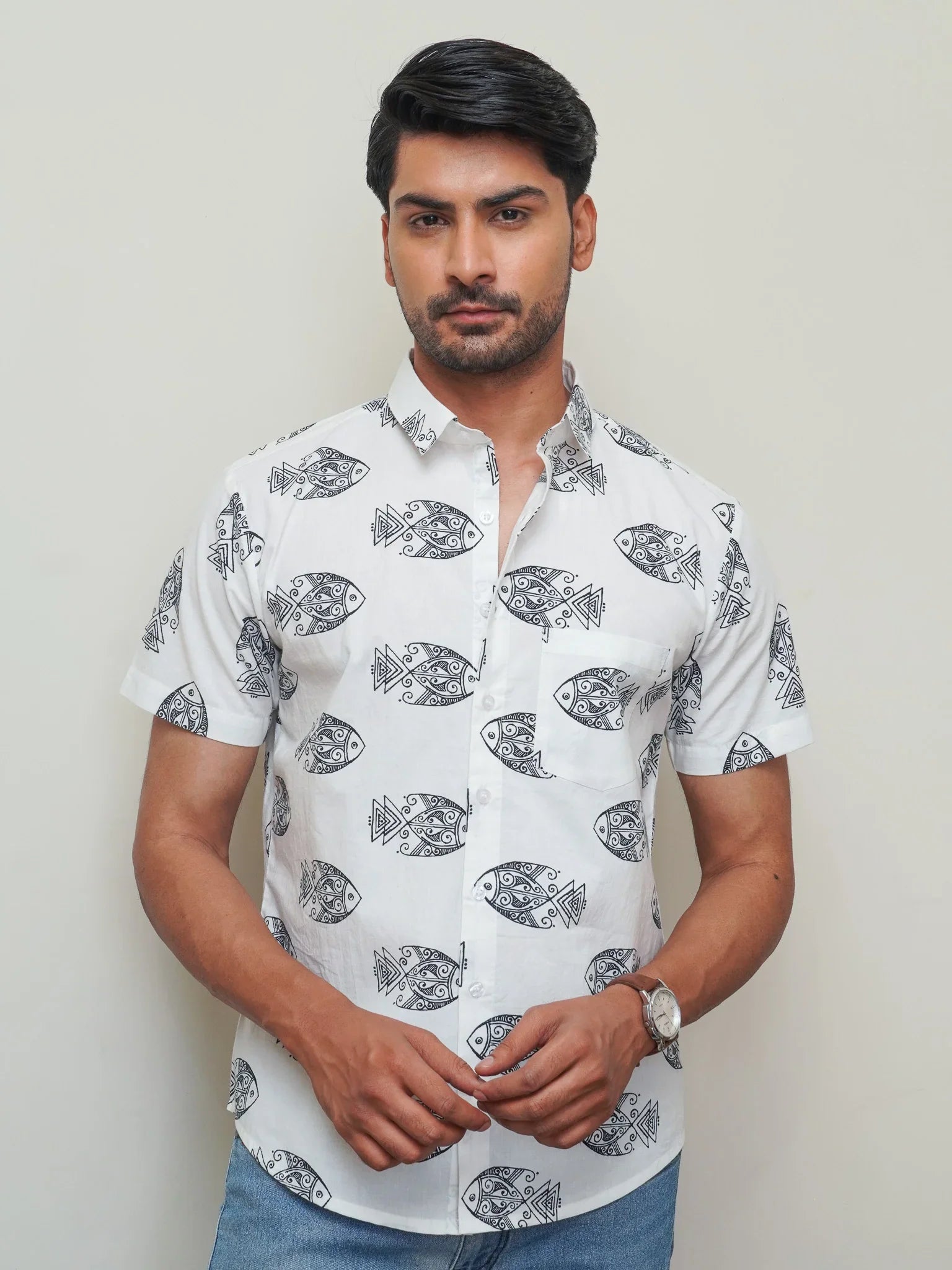 White Cotton Shirt with Bold Black Fish Print for Men