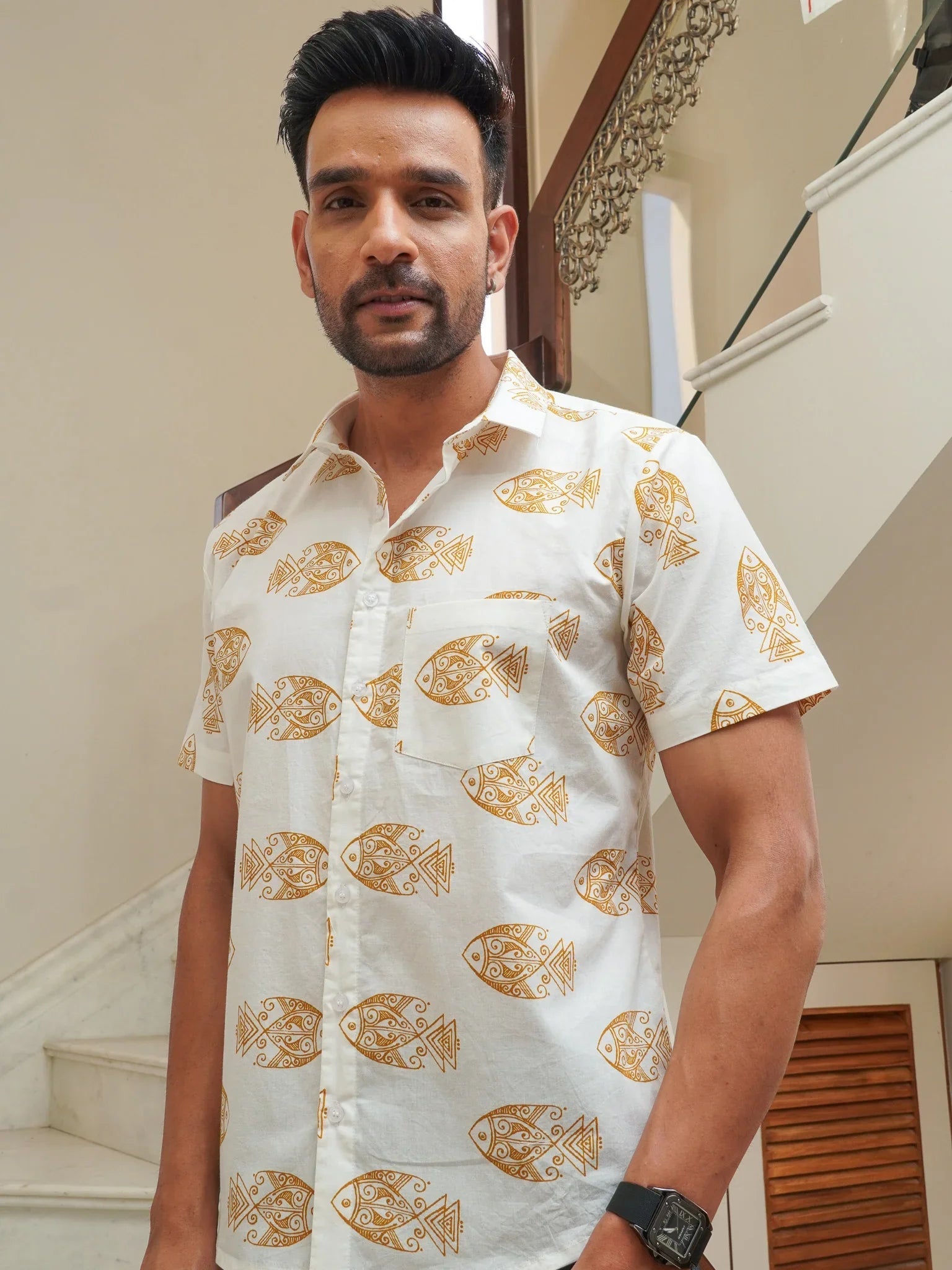 Yellow Fish Print on White Cotton Shirt for Men
