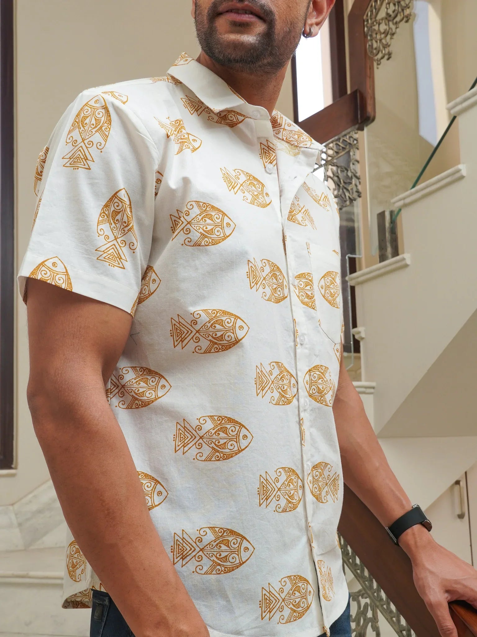 Yellow Fish Print on White Cotton Shirt for Men