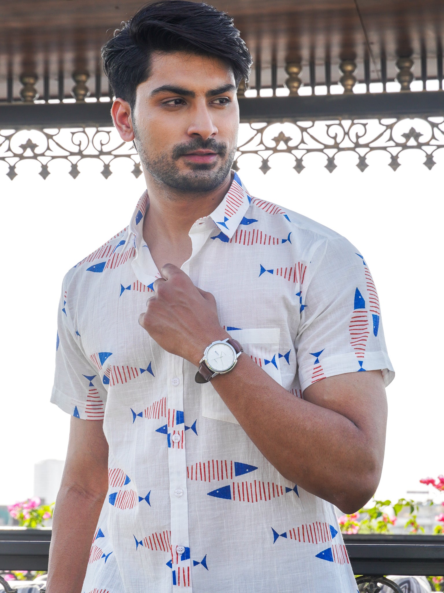 White Nautical Stripes Fish Pattern Printed Shirt