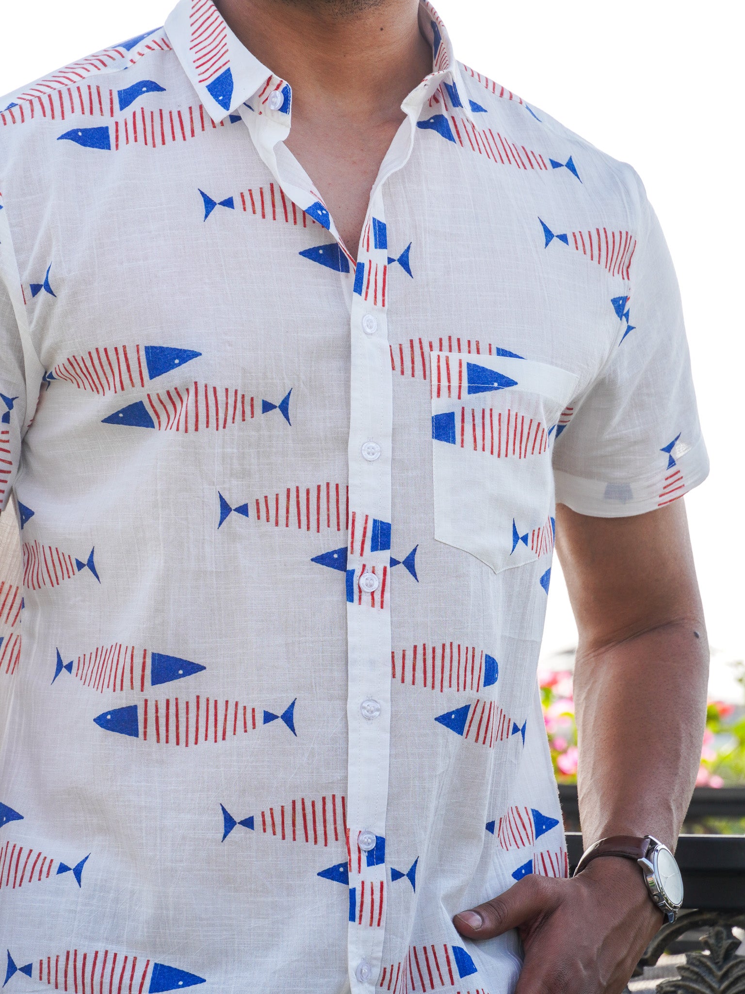 White Nautical Stripes Fish Pattern Printed Shirt