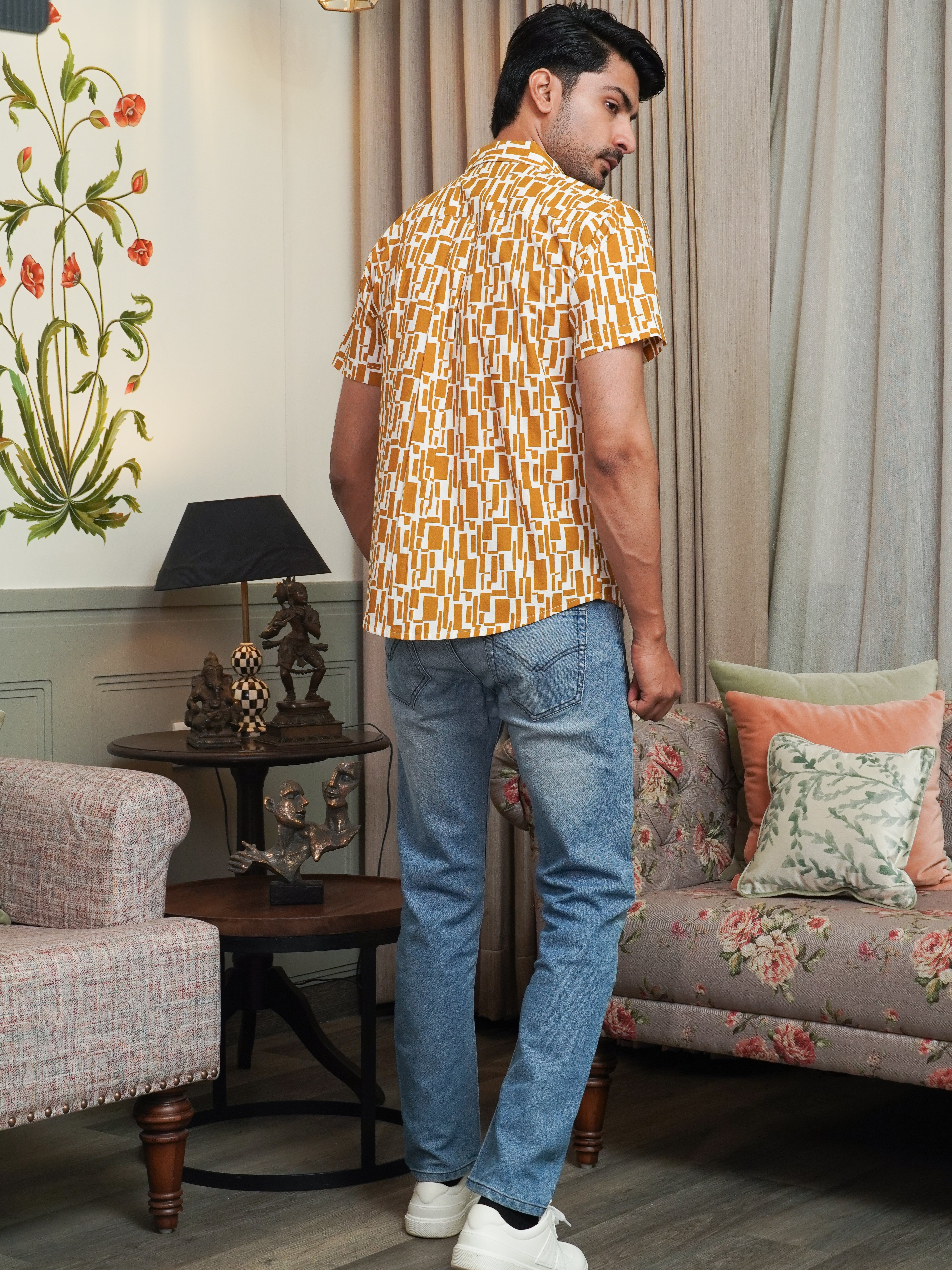 Mustard Abstract Printed Shirt For Men
