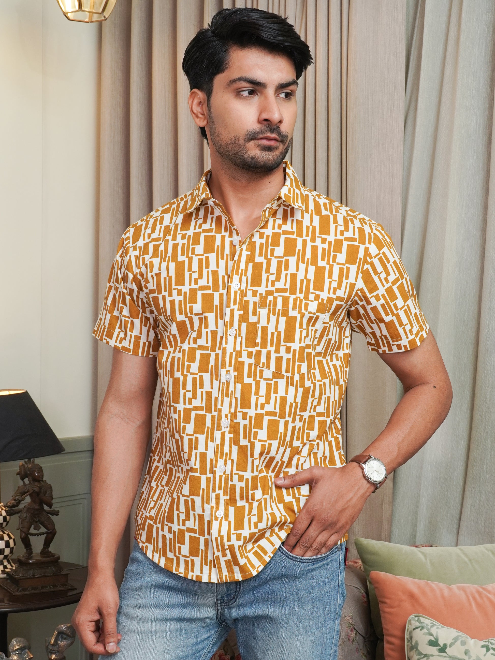 Mustard Abstract Printed Shirt For Men printed shirt for men by The Dapper X