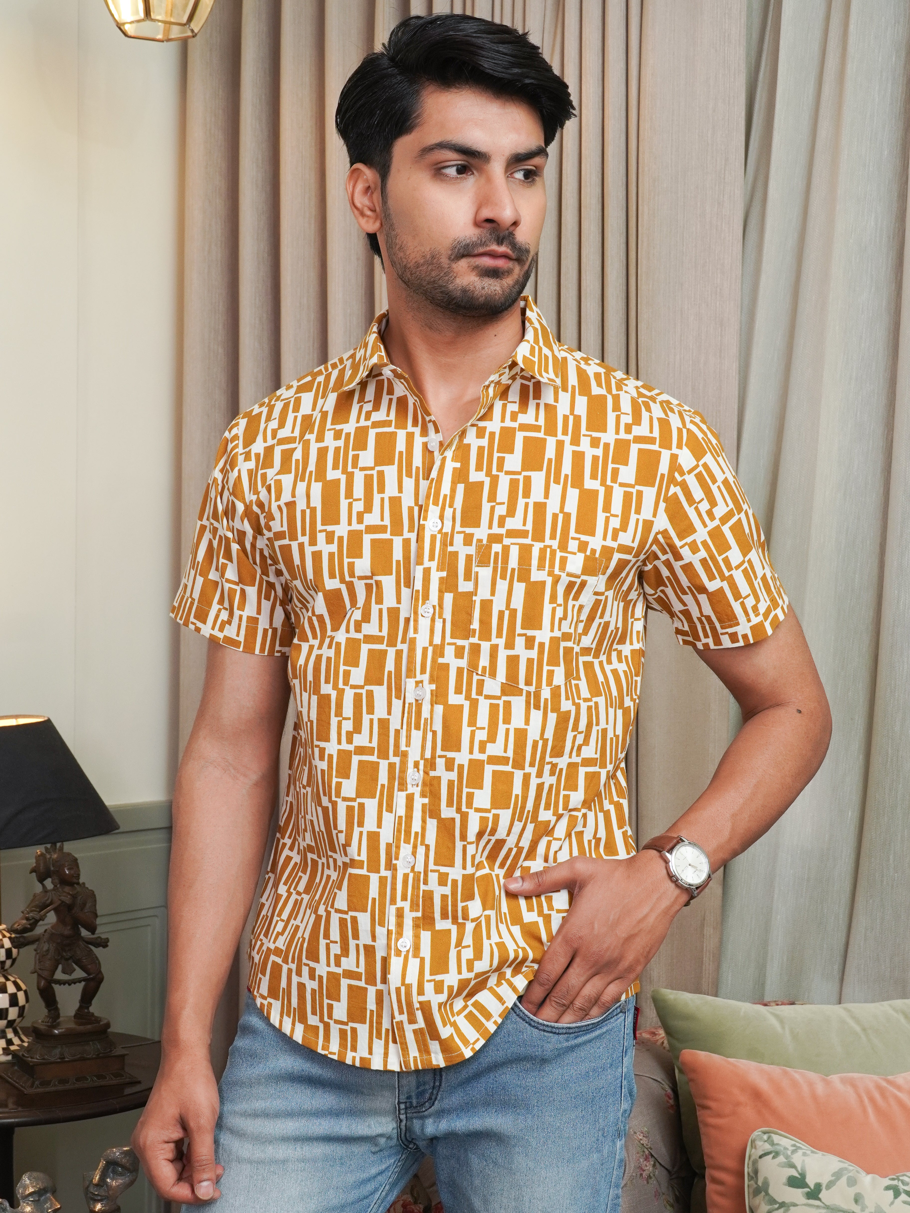 Mustard Abstract Printed Shirt For Men printed shirt for men by The Dapper X