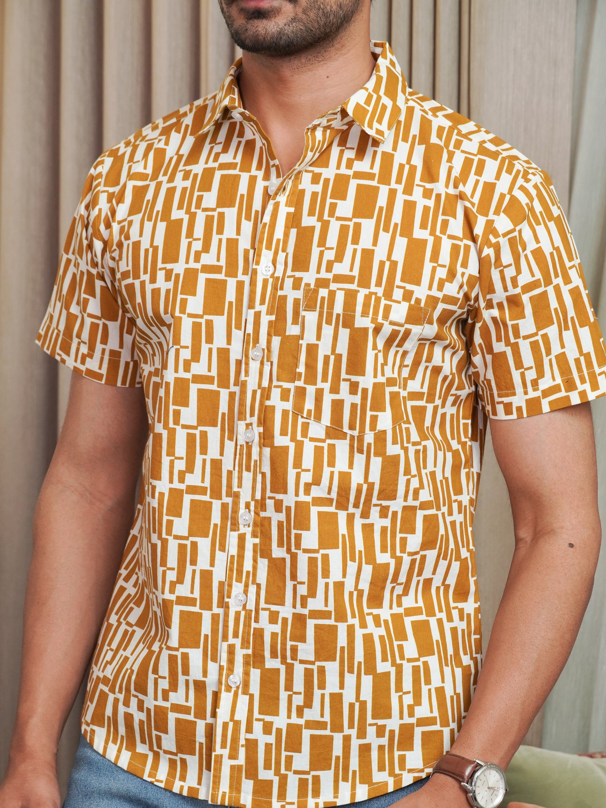 Mustard Abstract Printed Shirt For Men printed shirt for men by The Dapper X