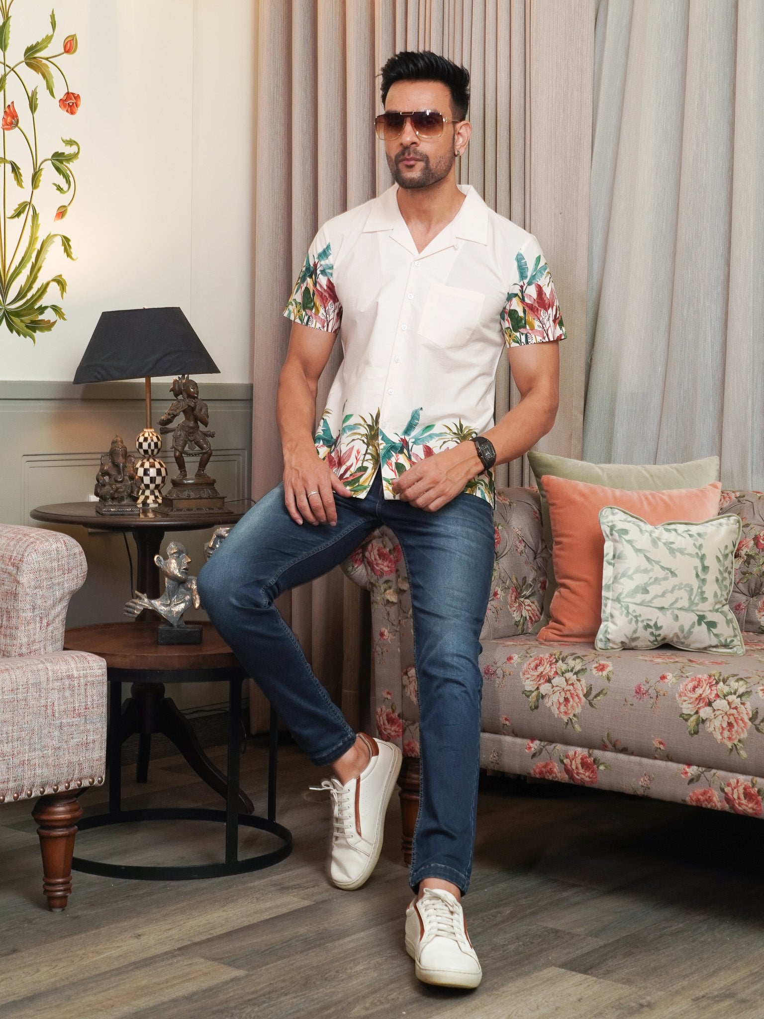White Tropical Printed Half Sleeve Shirt For Men