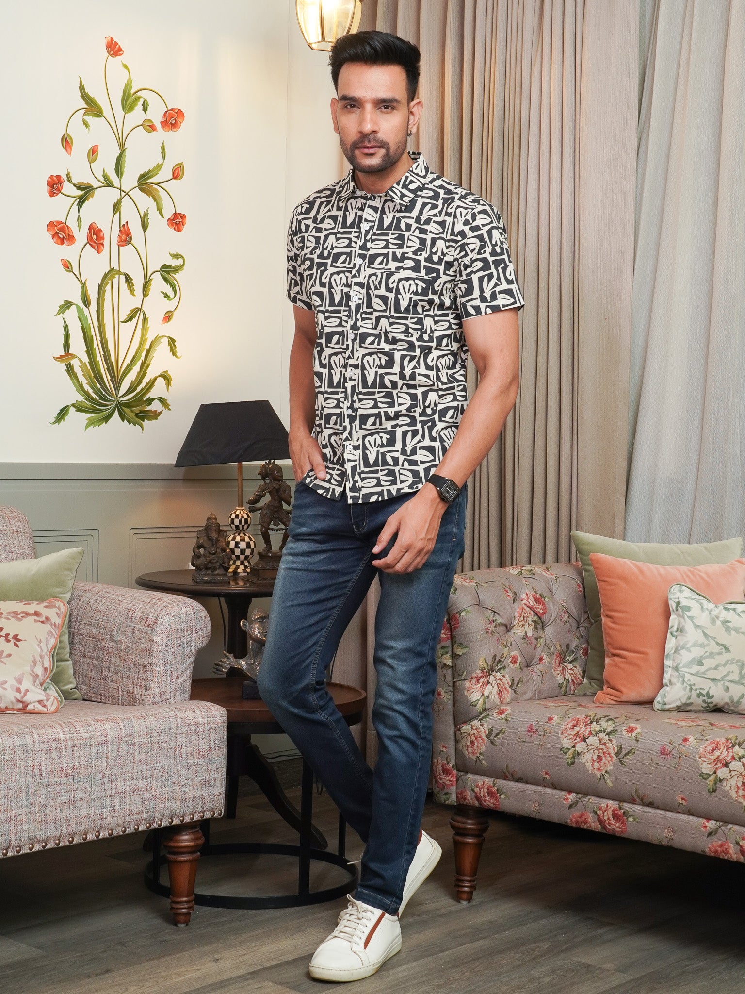 Black Geometric Abstract Printed Casual Shirt