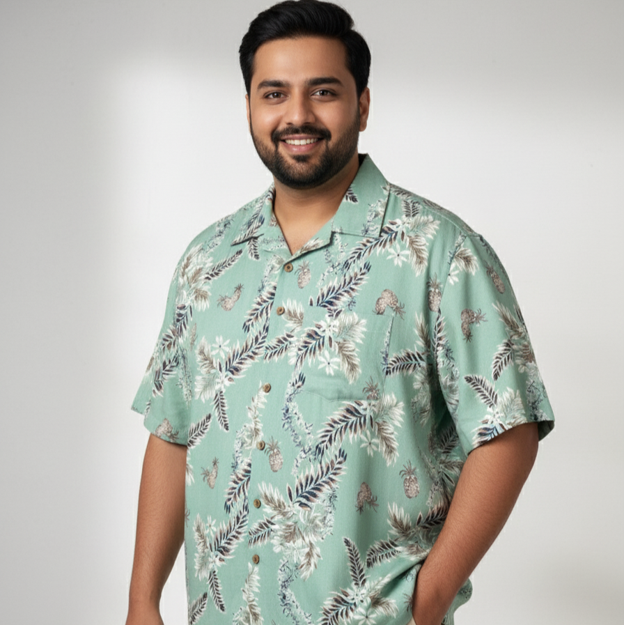 Mint Green Tropical Leaf & Printed Cotton Shirt