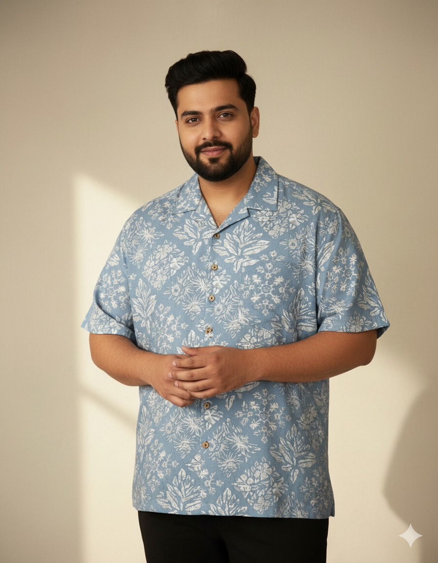 Blue Botanical Print Cotton Casual Shirt
