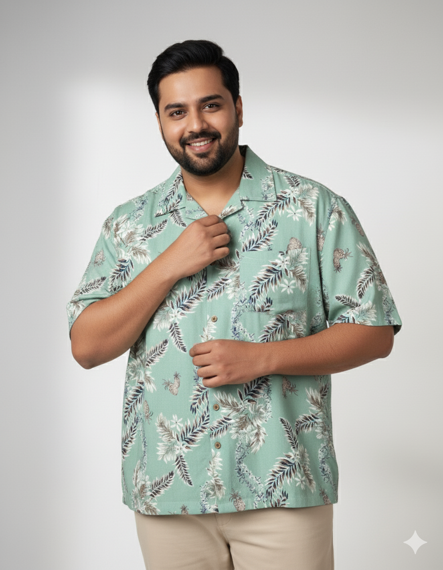 Mint Green Tropical Leaf & Printed Cotton Shirt