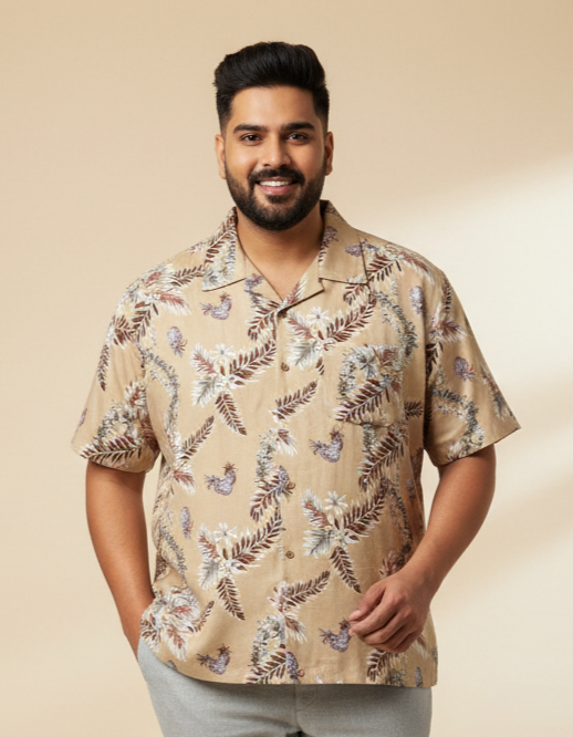 Beige Tropical Leaf Print Cotton Shirt