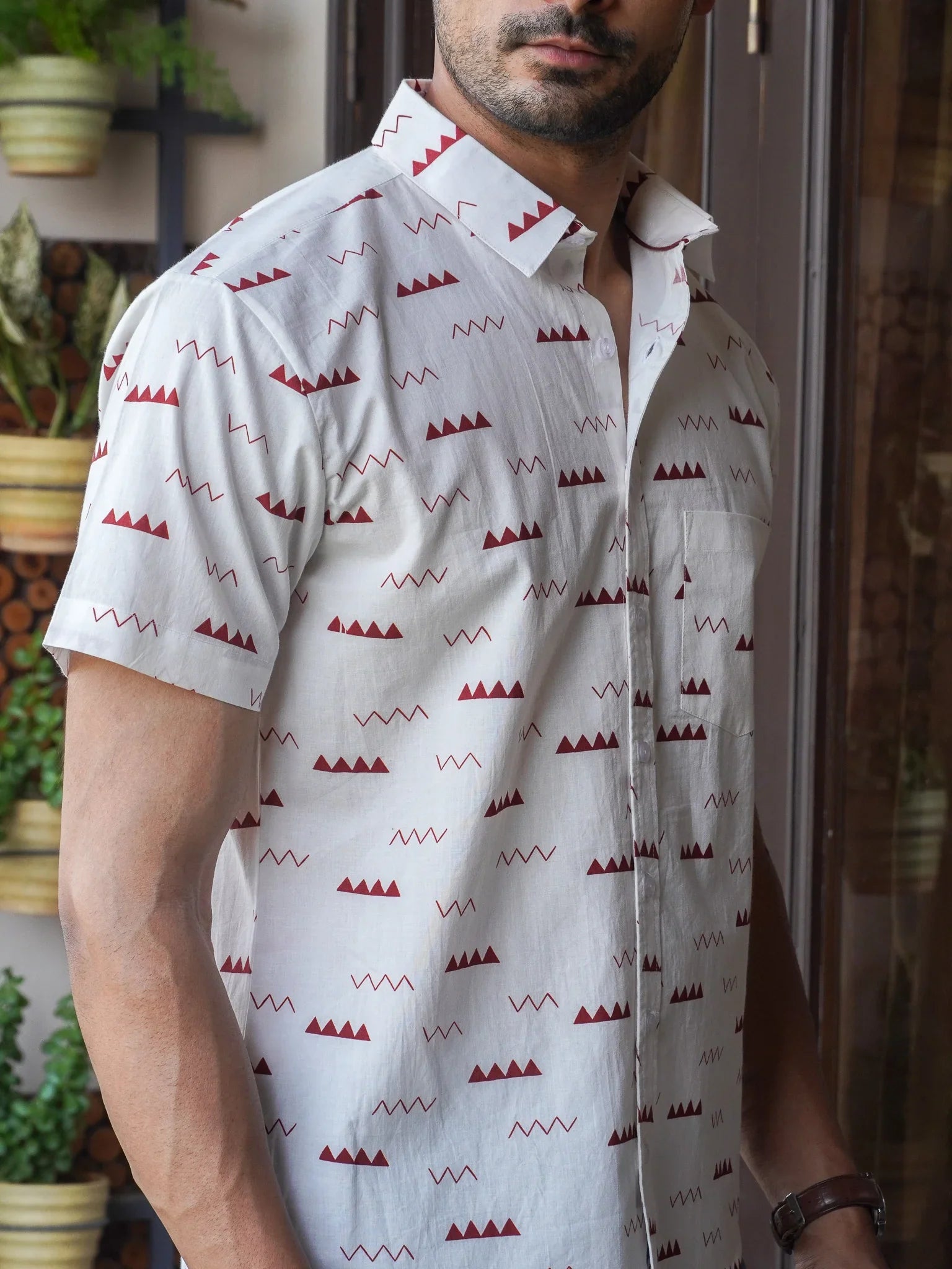 White Cotton Casual Shirt with Abstract Print For Men