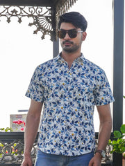 Blue Cotton Casual Shirt with Floral Print For Men