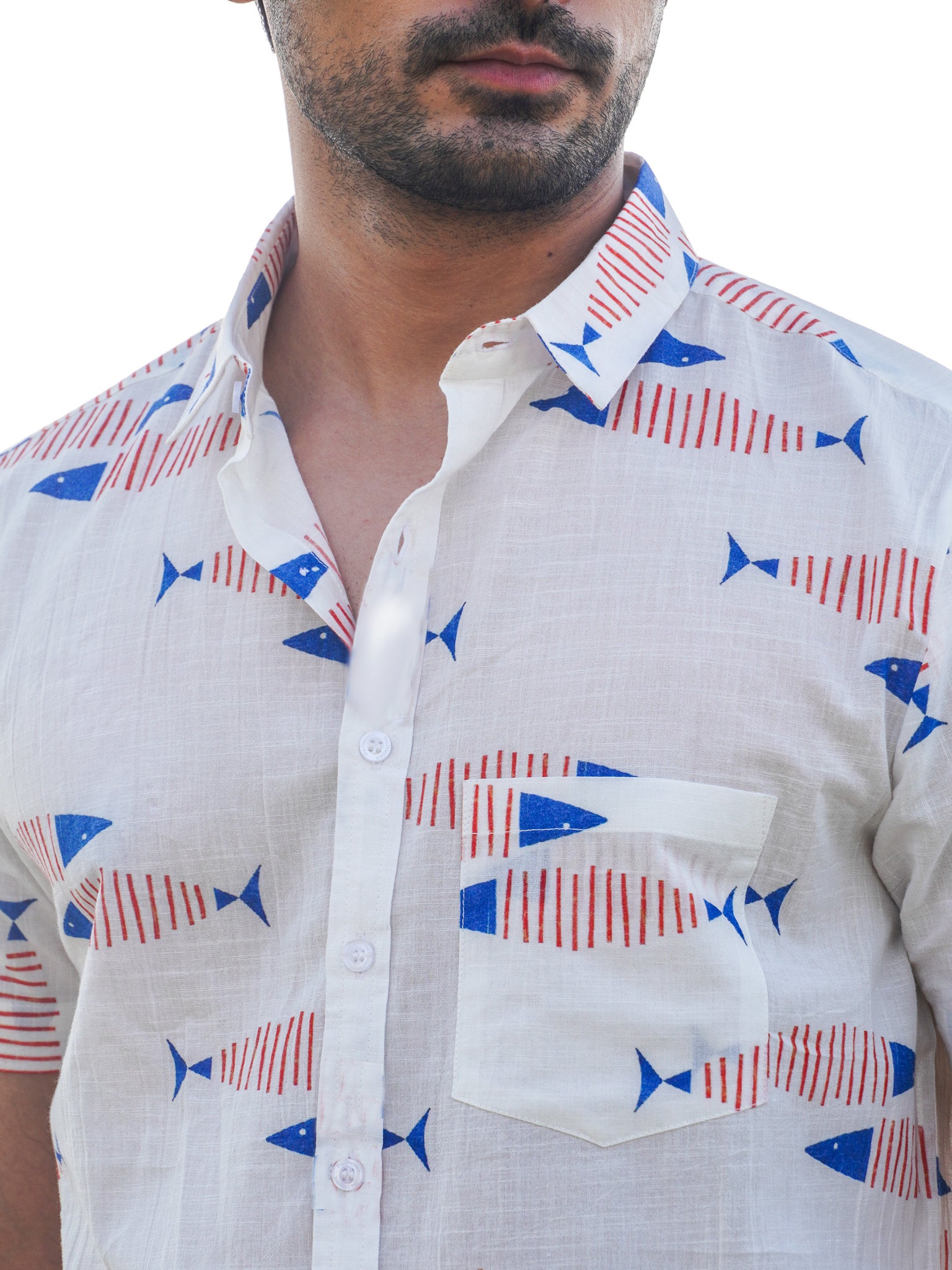 White Nautical Stripes Fish Pattern Printed Shirt