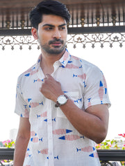 White Nautical Stripes Fish Pattern Printed Shirt