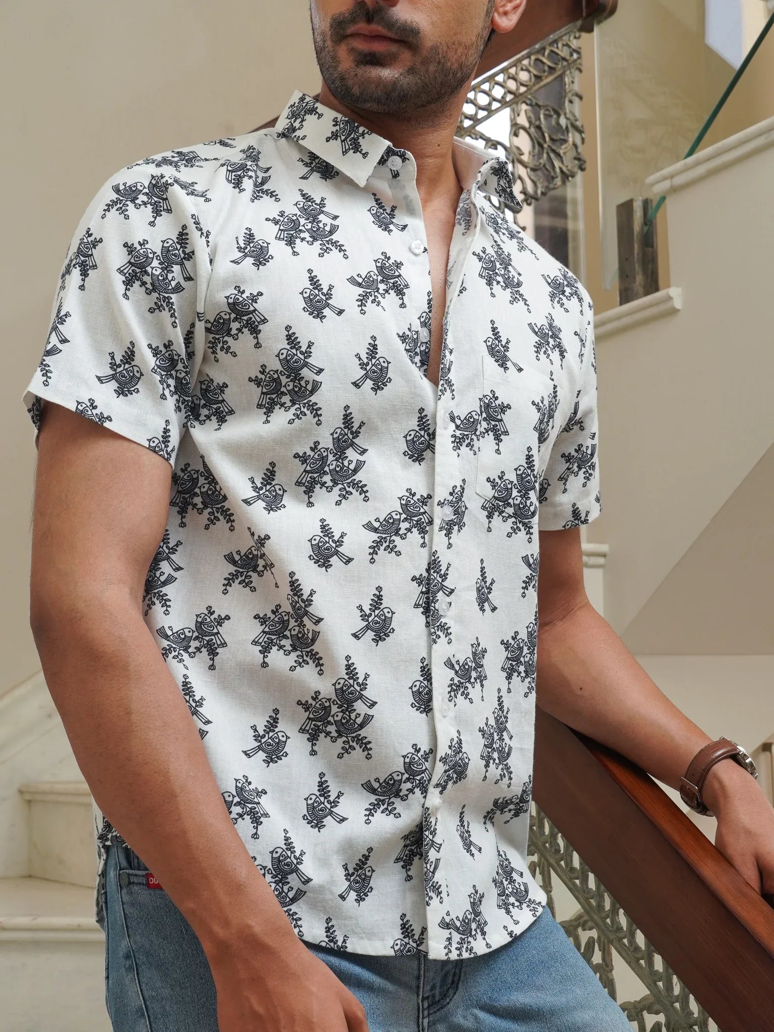 White Cotton Shirt with Blue Floral Print For Men printed shirt for men by The Dapper X