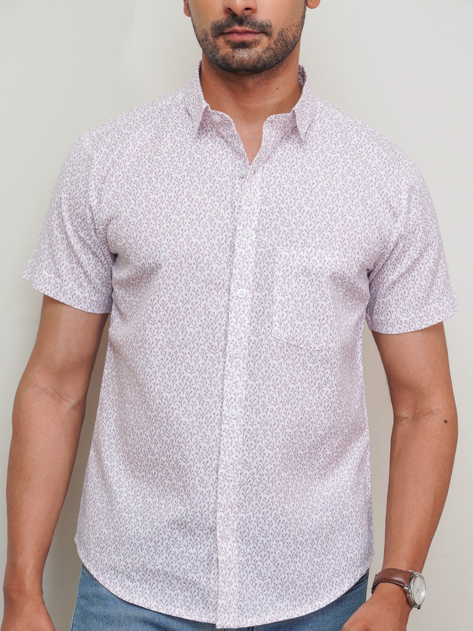 Purple Floral Cotton Casual Shirt for Men