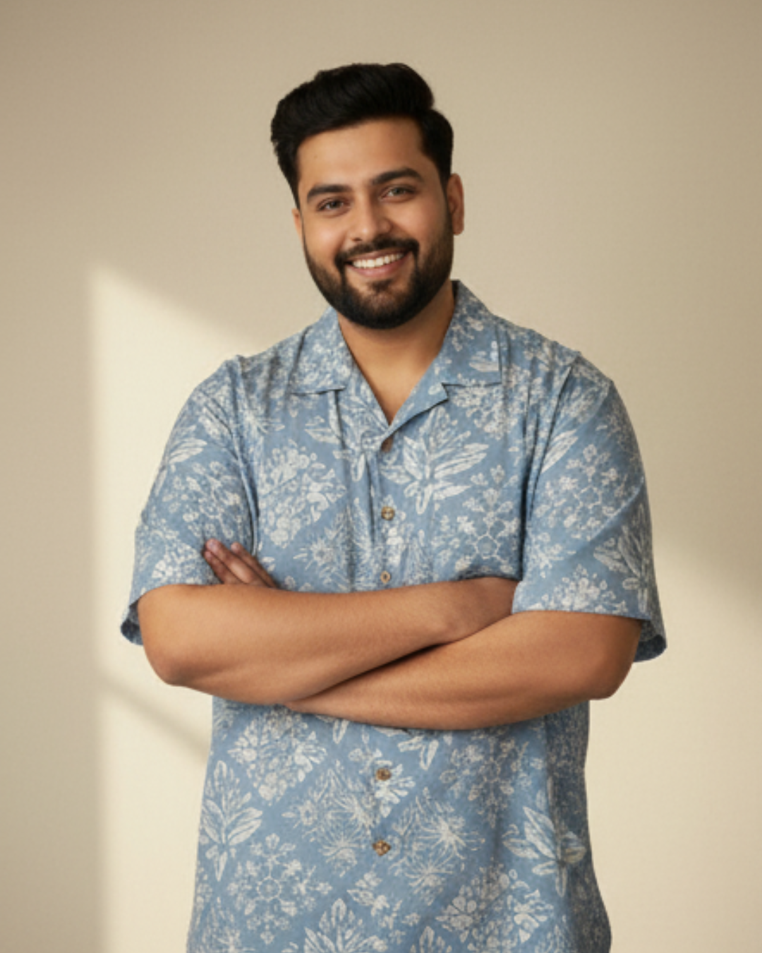 Blue Botanical Print Cotton Casual Shirt