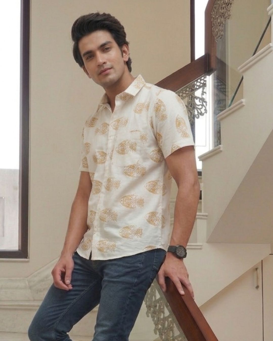 Yellow Fish Print on White Cotton Shirt for Men printed shirt for men by The Dapper X